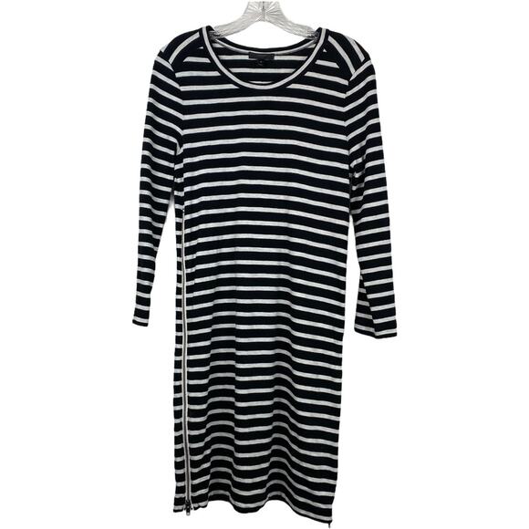J. CREW S Black & Cream Stripe Double Zipper Dress Small Preppy Academia - Picture 2 of 8